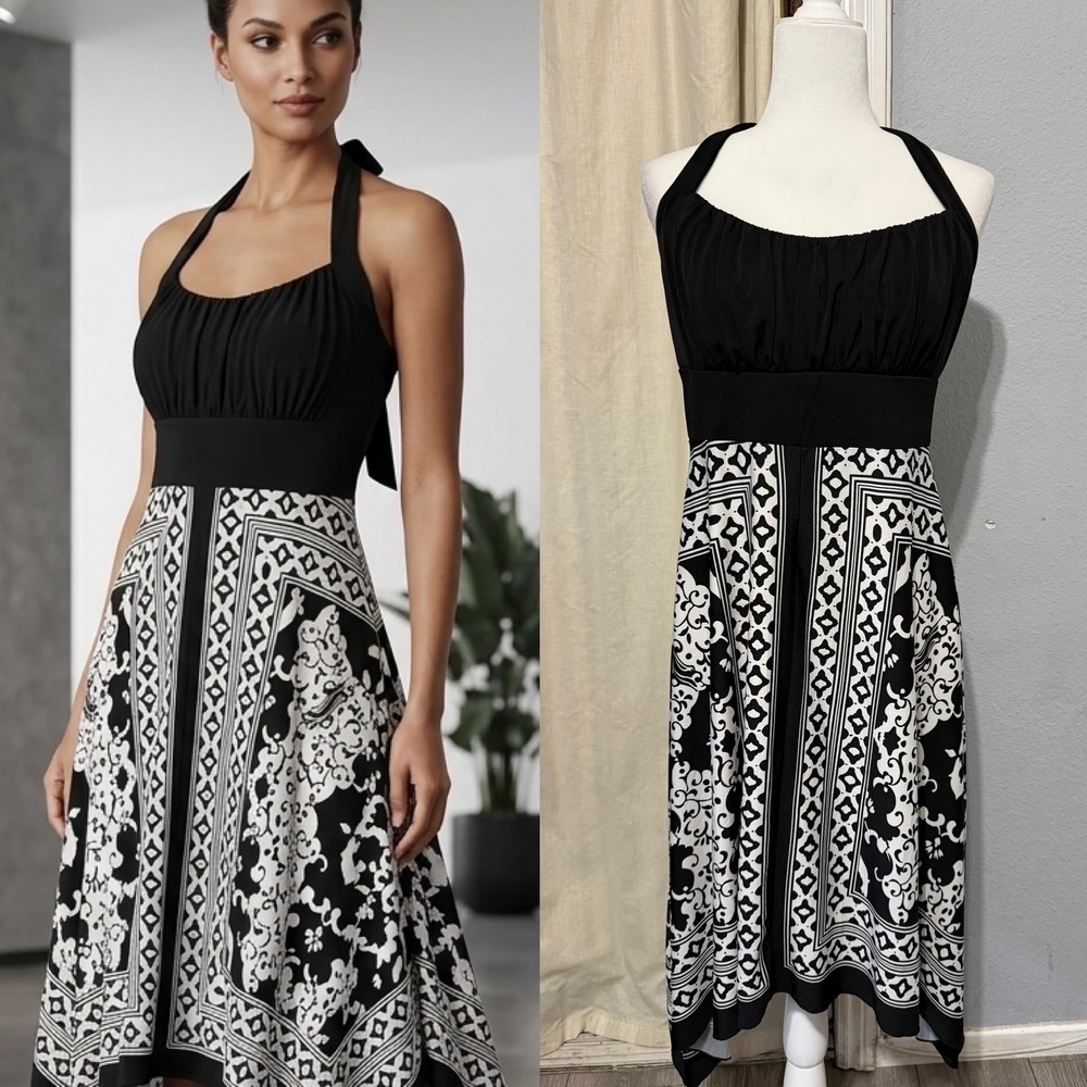 Corey P Black White Scarf Print Halter Midi Dress L Handkerchief Hem Fairy Y2K